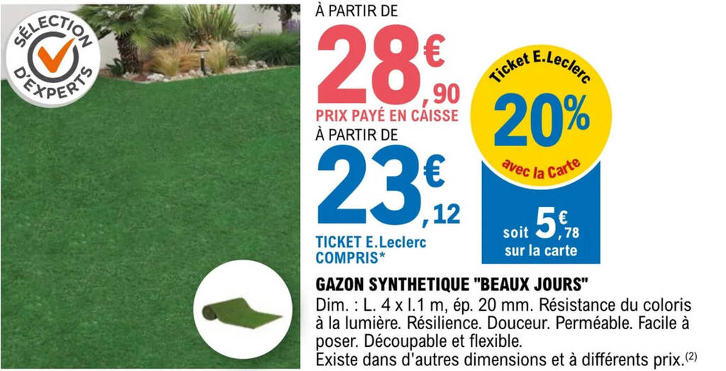 Promo GAZON SYNTHETIQUE "BEAUX JOURS" chez E.Leclerc Jardi