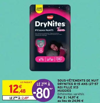 SOUS-VÊTEMENTS DE NUIT DRYNITES 8-15 ANS (27-57 KG) FILLE X13 HUGGIES