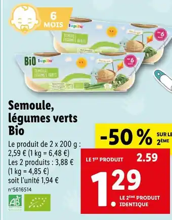 Lidl Lupilu Semoule, légumes verts Bio offre