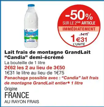 Monoprix Candia Lait frais de montagne GrandLait demi-écrémé offre
