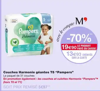 Monoprix Pampers Couches Harmonie géantes T5 offre