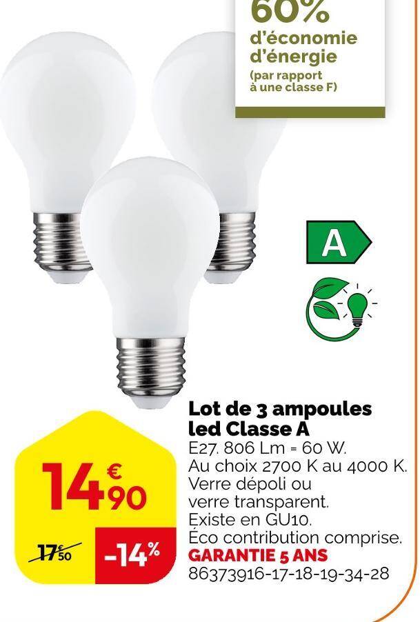 Promo Lexman Lot de 3 ampoules led Classe A chez Weldom