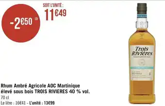Trois rivieres rhum ambré agricole aoc martinique élevé sous bois 40 % vol.