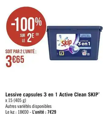 Skip lessive capsules 3 en 1 active clean*