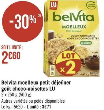 Géant Casino Lu belvita moelleux petit déjeûner goût choco-noisettes offre