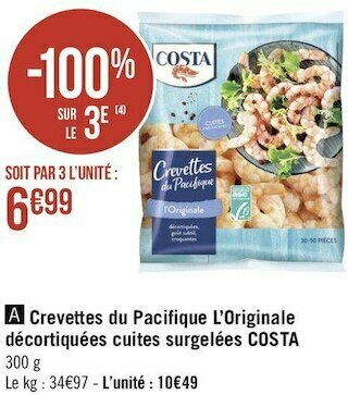 Costa crevettes du pacifique l’originale décortiquées cuites surgelées