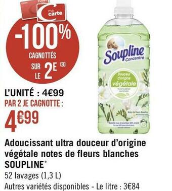 Géant Casino Soupline adoucissant ultra douceur d’origine végétale notes de fleurs blanches* offre