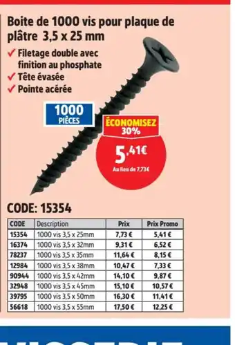 Screwfix Boite de 1000 vis pour plaque de platre offre