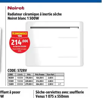 Screwfix Radiateur céramique à inertie sèche Noirot blanc 1 500W offre