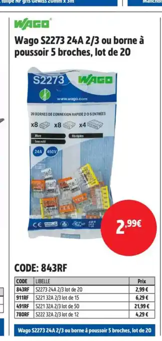 Screwfix Wago S2273 24A 2/3 ou borne à poussoir 5 broches, lot de 20 offre