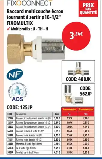 Screwfix FIXOCONNECT Raccord multicouche écrou tournant à sertir ø16-1/2 offre