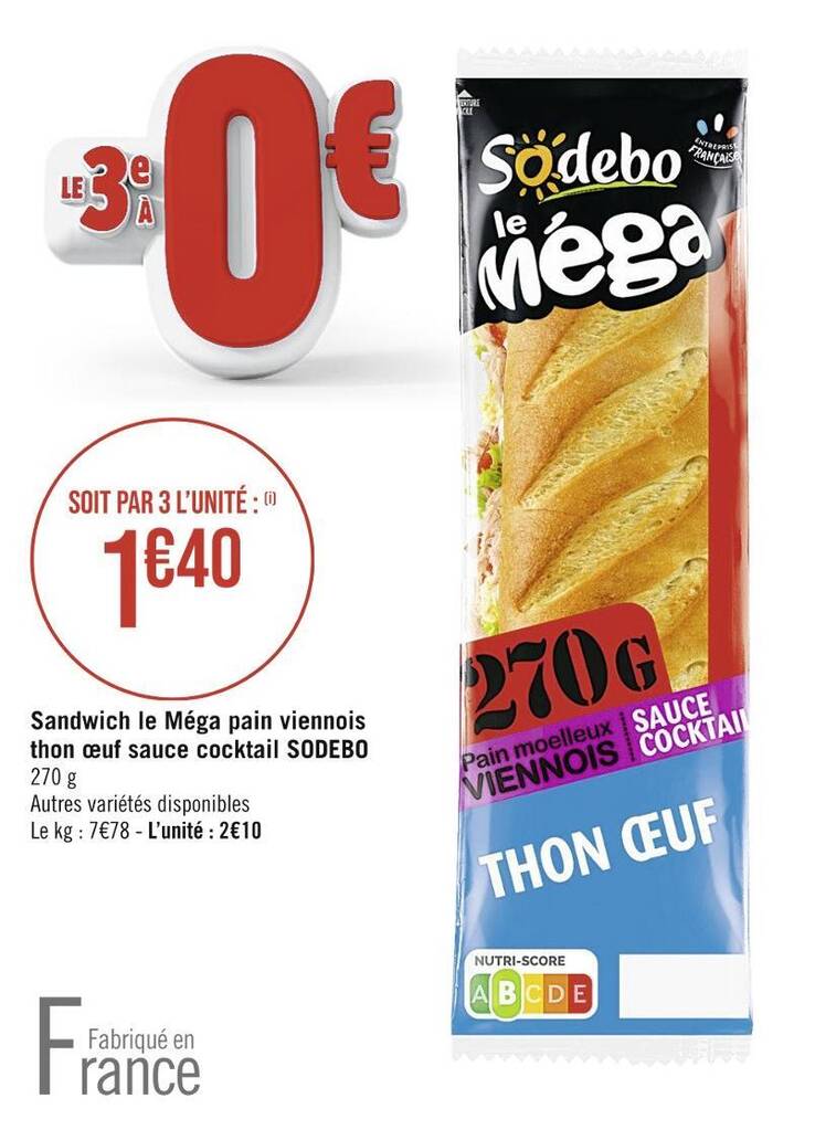 Promo SODEBO Sandwich le Méga pain viennois thon œuf sauce cocktail