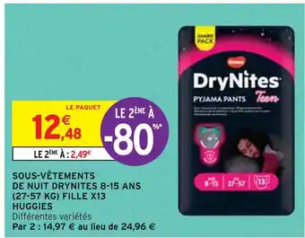 Intermarché HUGGIES SOUS-VÊTEMENTS DE NUIT DRYNITES 8-15 ANS (27-57 KG) FILLE X13 offre