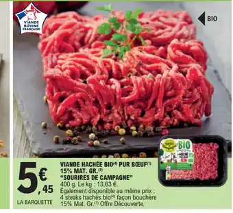 E.Leclerc VIANDE HACHÉE BIO PUR BŒUF(¹) 15% MAT. GR offre