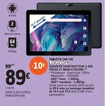 E.Leclerc TABLETTE TAB 130 LOGICOM offre