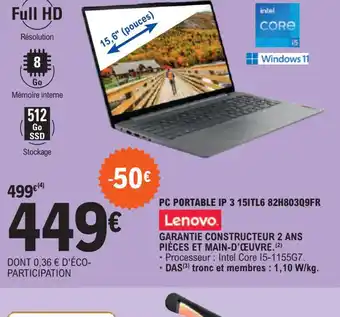 E.Leclerc PC PORTABLE IP 3 151TL6 82H803Q9FR offre