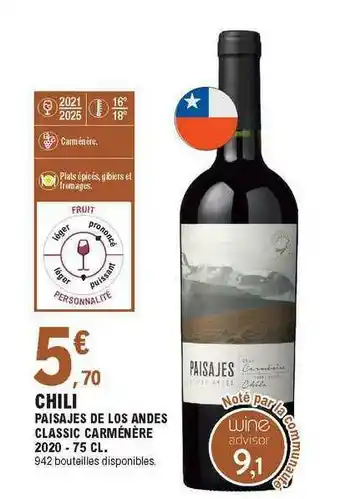 E.Leclerc Chili Paisajes De Los Andes Classic Carménère 2020 offre