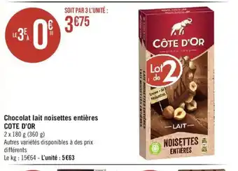 Géant Casino Chocolat lait noisettes entières COTE D'OR offre
