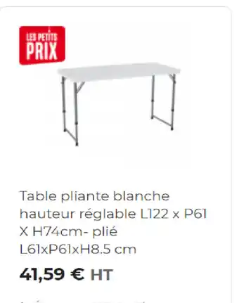 Retif Table pliante blanche hauteur réglable offre