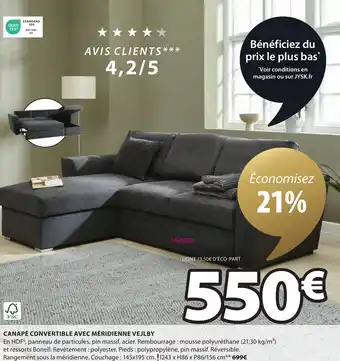 JYSK CANAPÉ CONVERTIBLE AVEC MÉRIDIENNE VEJLBY offre