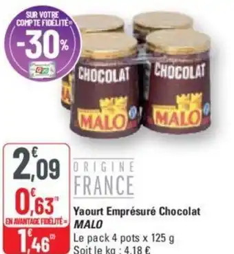G20 Yaourt Emprésuré Chocolat MALO offre