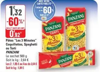 G20 Pâtes "Les 3 Minutes" Coquillettes, Spaghetti ou Torti PANZANI offre