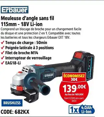 Screwfix Erbauer Meuleuse d'angle sans fil 115mm - 18V Li-ion offre