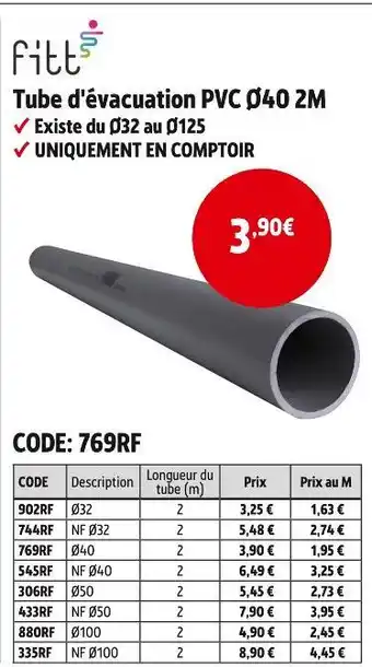 Screwfix Fitt Tube d'évacuation PVC Ø40 2M offre