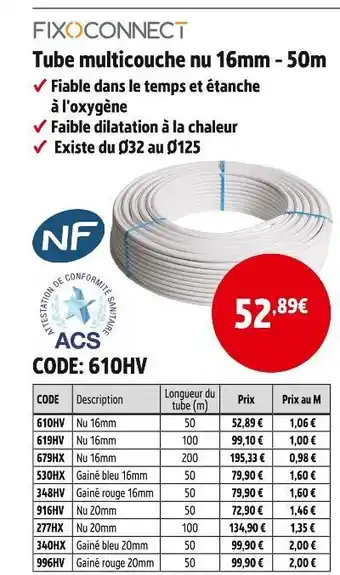 Screwfix FIXOCONNECT Tube multicouche nu 16mm - 50m offre