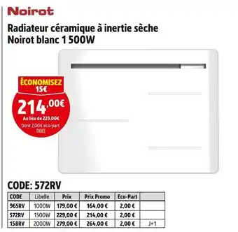 Screwfix Noirot Radiateur céramique à inertie sèche blanc 1 500W offre