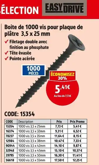 Screwfix EASY DRIVE Boite de 1000 vis pour plaque de plâtre 3,5 x 25 mm offre
