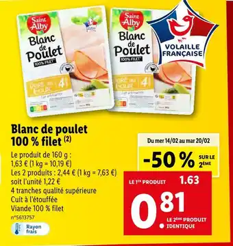 Lidl Saint Alby Blanc de poulet 100 % filet offre