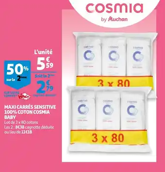 Auchan Maxi carrés sensitive 100% coton cosmia baby offre