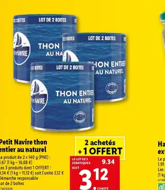 Lidl Petit Navire thon entier au naturel offre