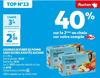Auchan GOURDES DE PURÉE DE POMME SANS SUCRES AJOUTÉS AUCHAN offre