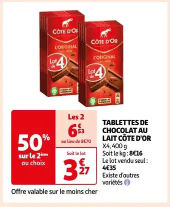 Auchan TABLETTES DE CHOCOLAT AU LAIT CÔTE D'OR offre