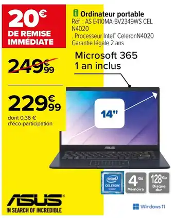 Carrefour i Ordinateur portable Réf. AS E410MA-BV2349WS CEL N4020 offre