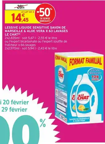 Intermarché LE CHAT LESSIVE LIQUIDE SENSITIVE SAVON DE MARSEILLE & ALOE VERA X 63 LAVAGES (b) offre