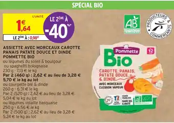Intermarché POMMETTE ASSIETTE AVEC MORCEAUX CAROTTE PANAIS PATATE DOUCE ET DINDE BIO offre