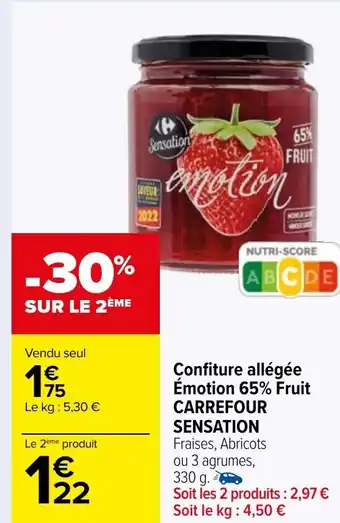 Carrefour Market Confiture allégée Émotion 65% Fruit CARREFOUR SENSATION Fraises, Abricots ou 3 agrumes, 330 g. offre