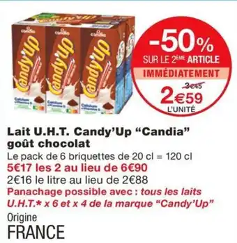Monoprix Lait U.H.T. Candy'Up "Candia" goût chocolat offre