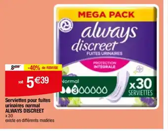 Migros Serviettes pour fuites urinaires normal ALWAYS DISCREET x 30 offre