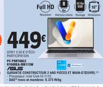 E.Leclerc PC PORTABLE R1600EA-MB113W offre