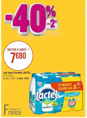 Casino Supermarchés Lait demi-écrémé LACTEL 8 x 1L (8L) offre