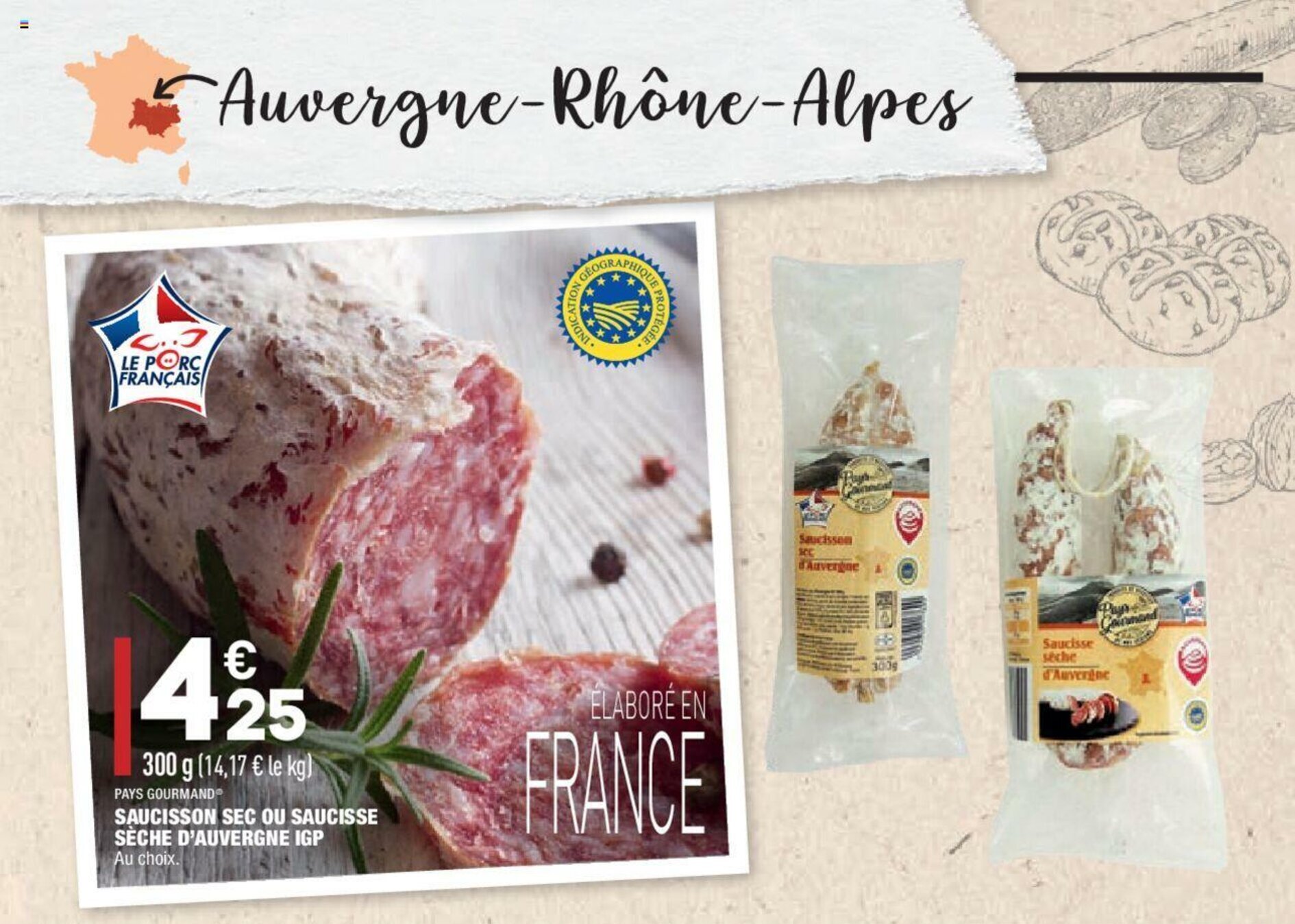 Promo Saucisson Sec Ou Saucisse Sèche D'auvergne IGP chez ALDI