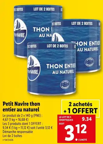 Lidl Petit Navire Thon entier au naturel offre