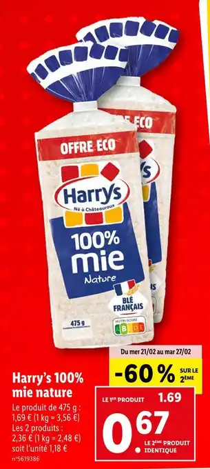 Lidl Harry’s 100% mie nature offre