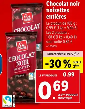 Lidl fin CARRÉ Chocolat noir noisettes entières offre