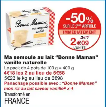 Monoprix Bonne Maman Ma semoule au lait vanille naturelle offre