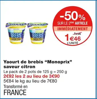 Monoprix Monoprix Yaourt de brebis saveur citron offre